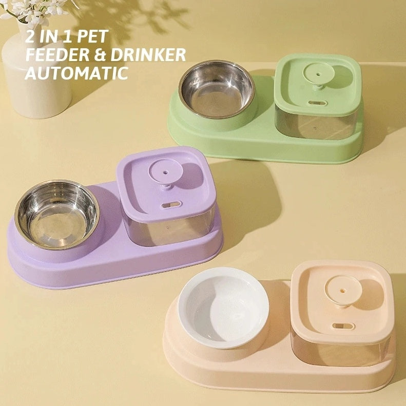 Pet Water Dispenser And Feeding Bowl 2-in-1, Dry And Wet Separation Automatic Water Dispenser.